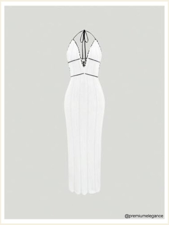 Backless Halter Maxi Dress with Tie Back, Sleeveless Knit, Deep V Neck - Picture 5 of 5